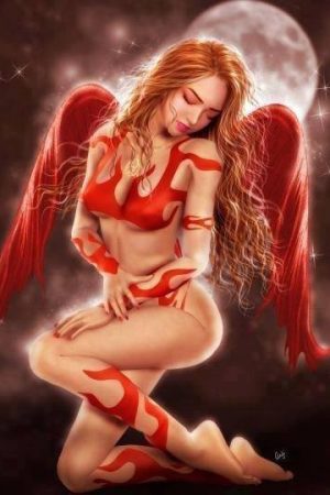 Illustration | Tattooed Angel In Red by Queen of Mythic...